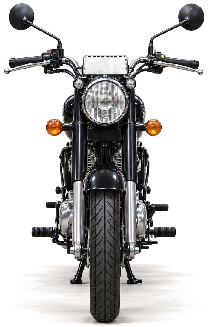 Motorbike from the front, showing the front board above the headlight