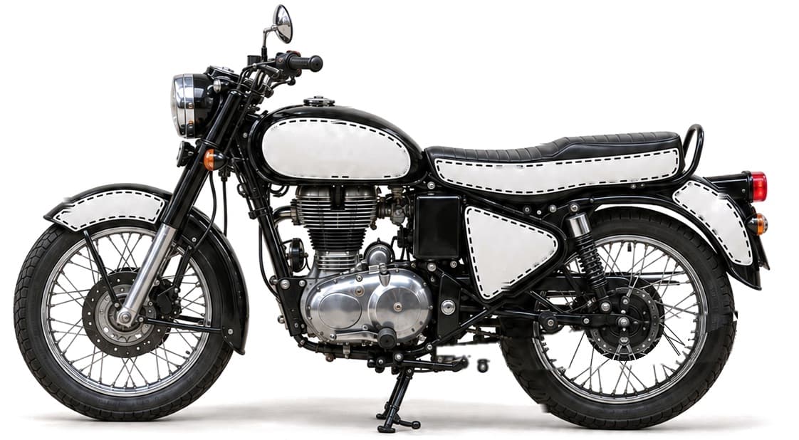 Motorbike, left side, with numbered white sponsor patches