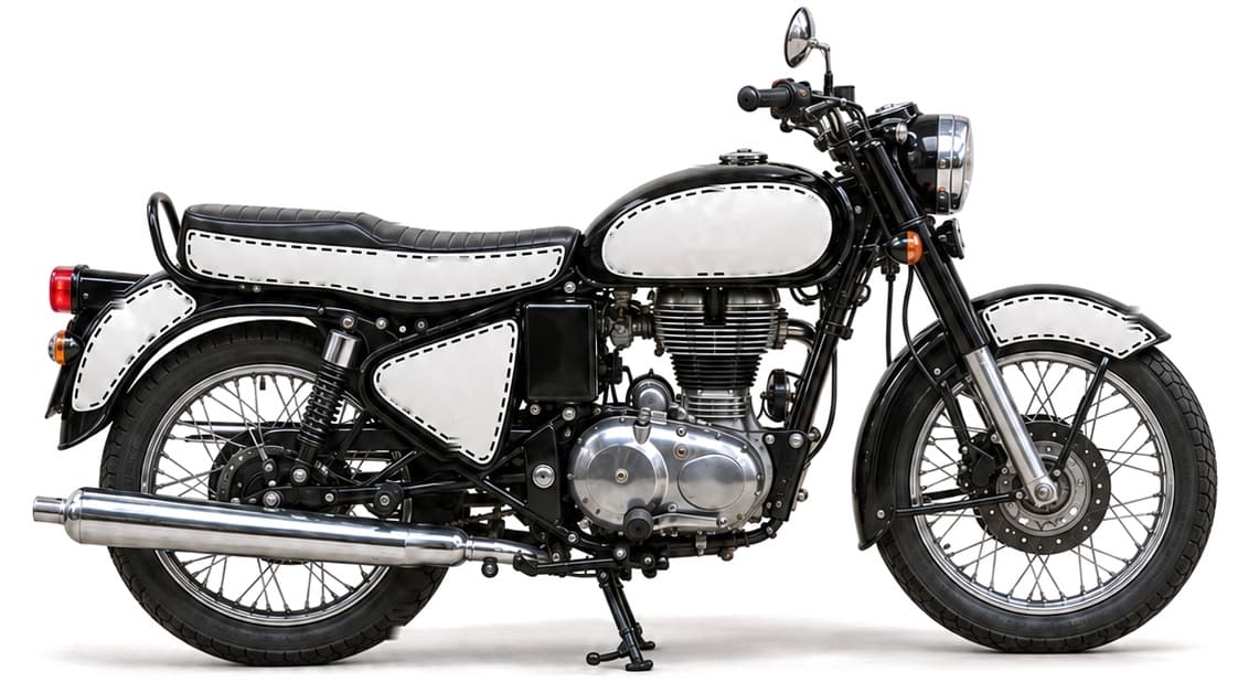Motorbike, right side, with numbered white sponsor patches
